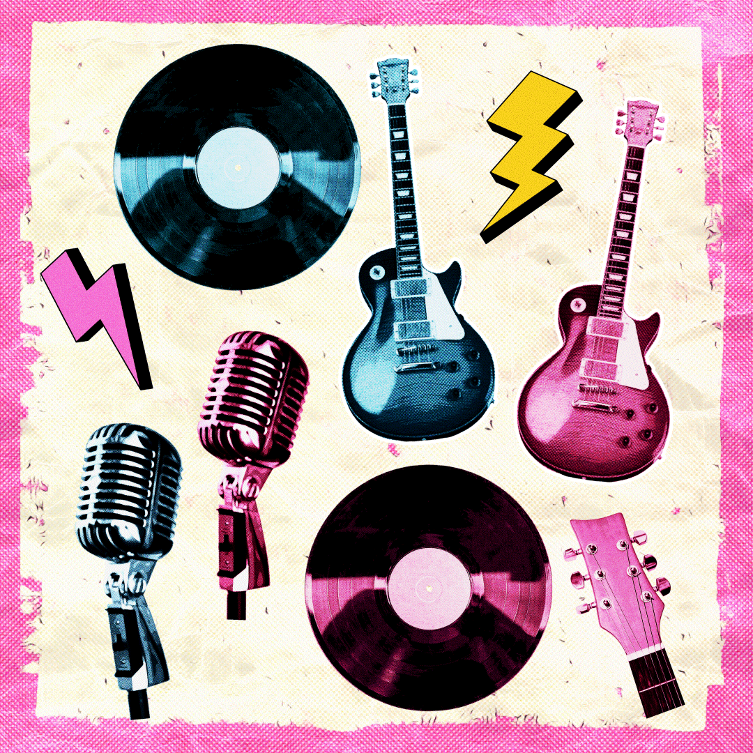 The King's Guitar Car graphic featuring assets from the project including vintage microphones, vinyls, guitars, and lightning bolts in a half tone style.