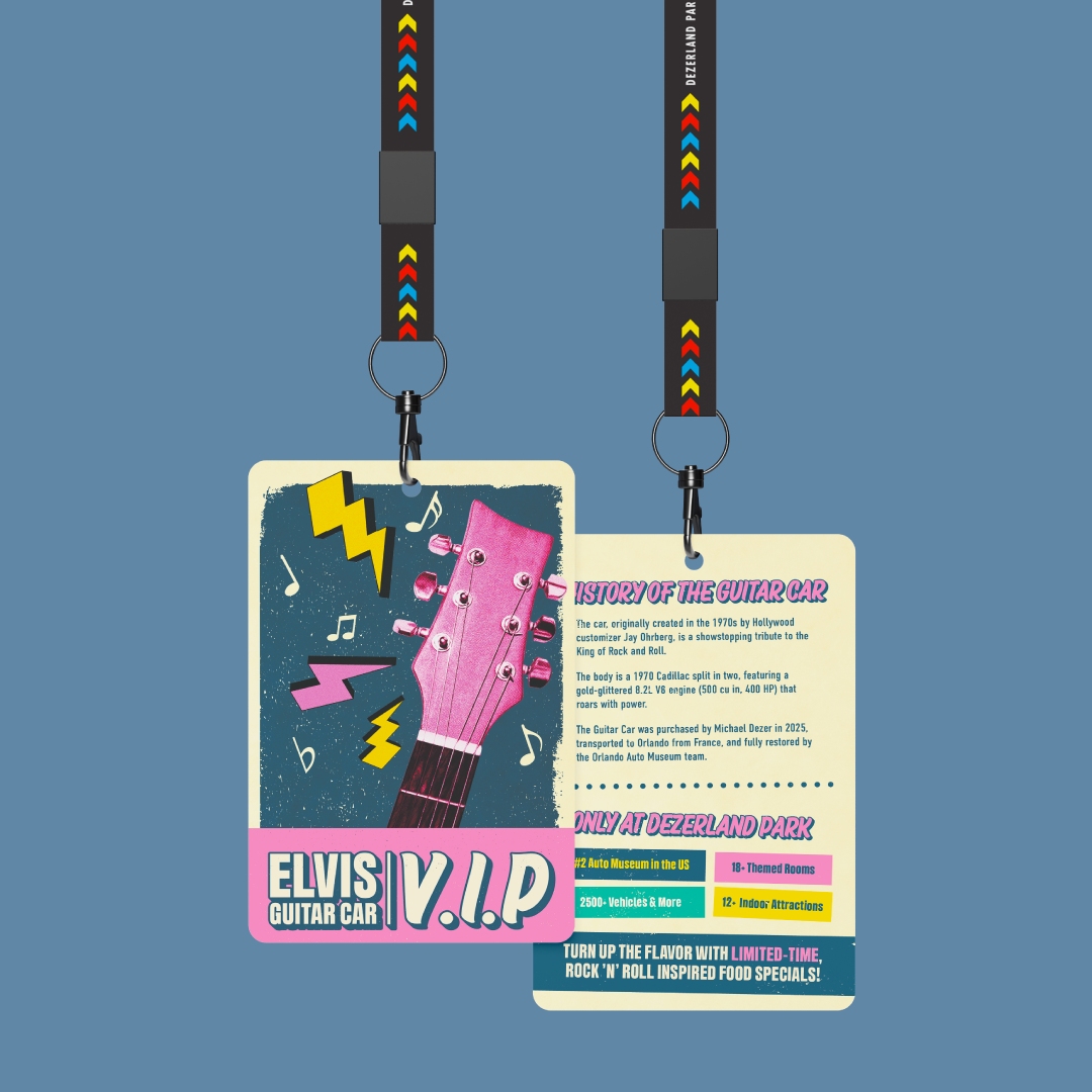 Mockup of the event V.I.P lanyard, the front has a guitar with music notes and lighning bolts. The back has fun facts about the car.