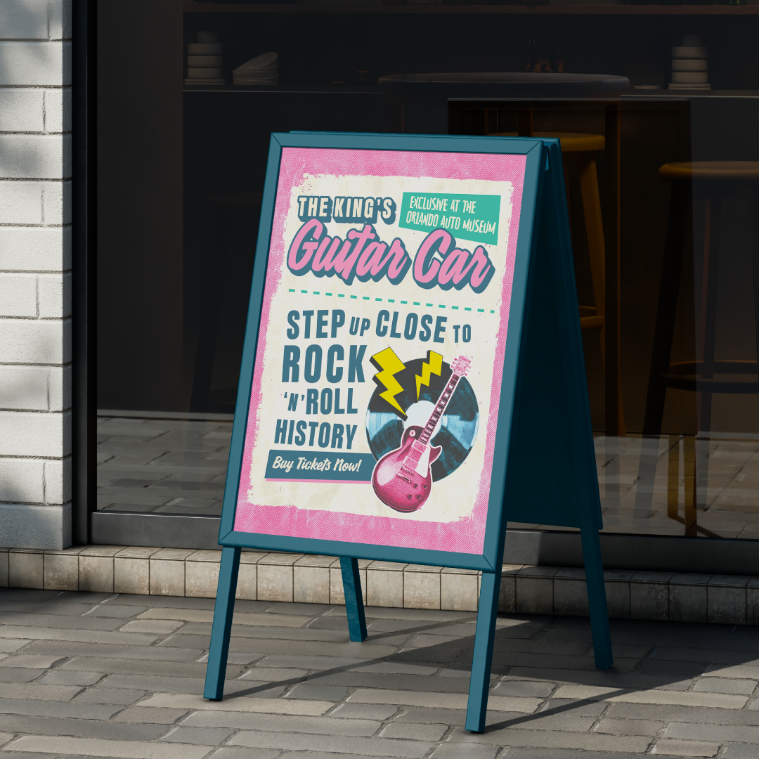An outdoor standee sign inviting guests to come see the Guitar Car.