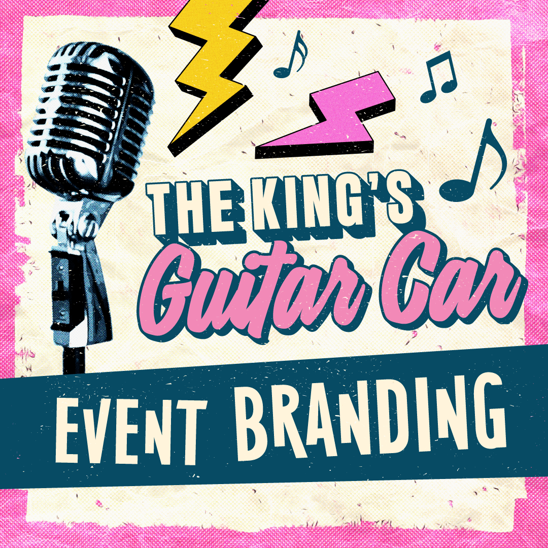 The King's Guitar Car event branding graphic, featuring a vintage microphone, music notes, lightning bolts, and bold retro typography.