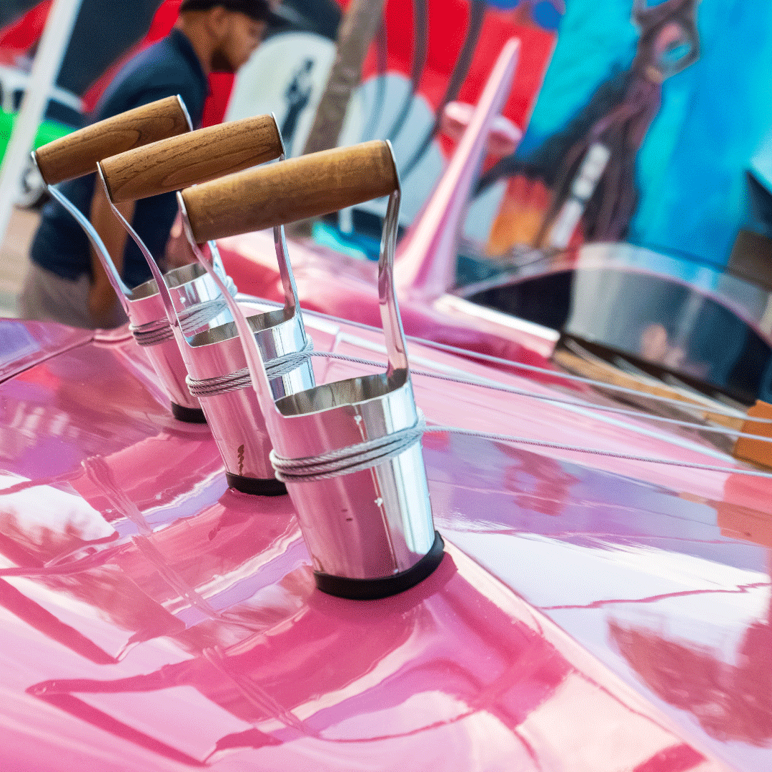 Closeup of the tuning pegs on the Guitar Car in front of Dezerland Park