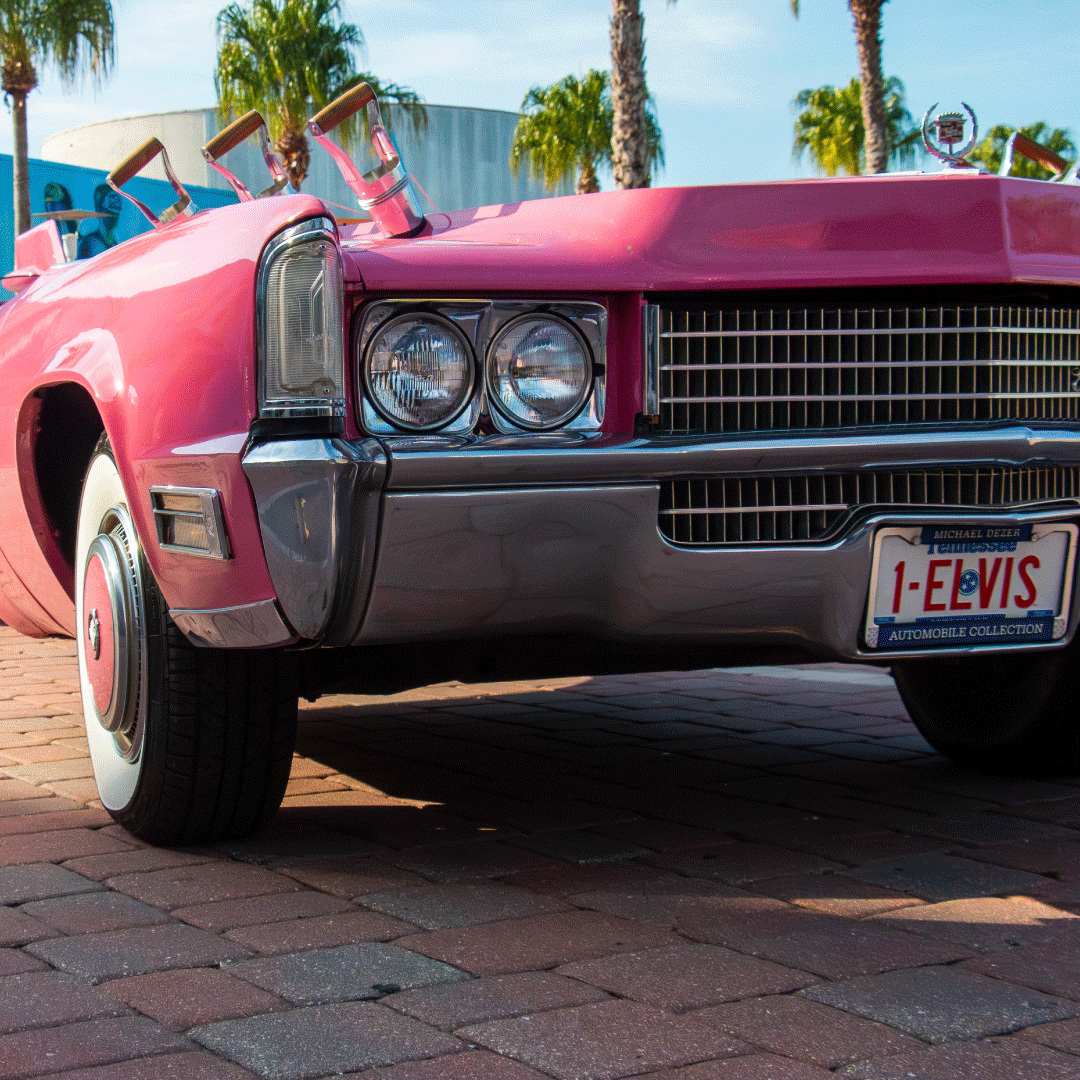 Closeup of the front of the Guitar Car in front of Dezerland Park.