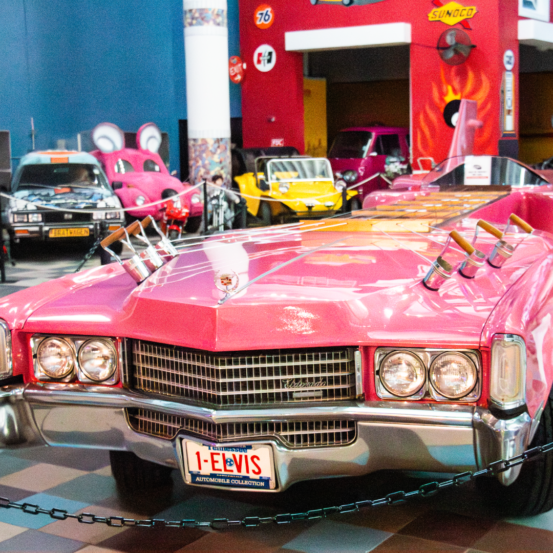 Closeup of the front of the Guitar Car inside of the Dezerland Museum.