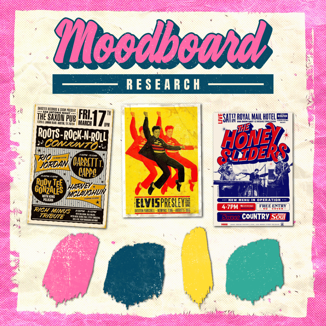 The King's Guitar Car research moodboard including vintage poster and the final color palette.