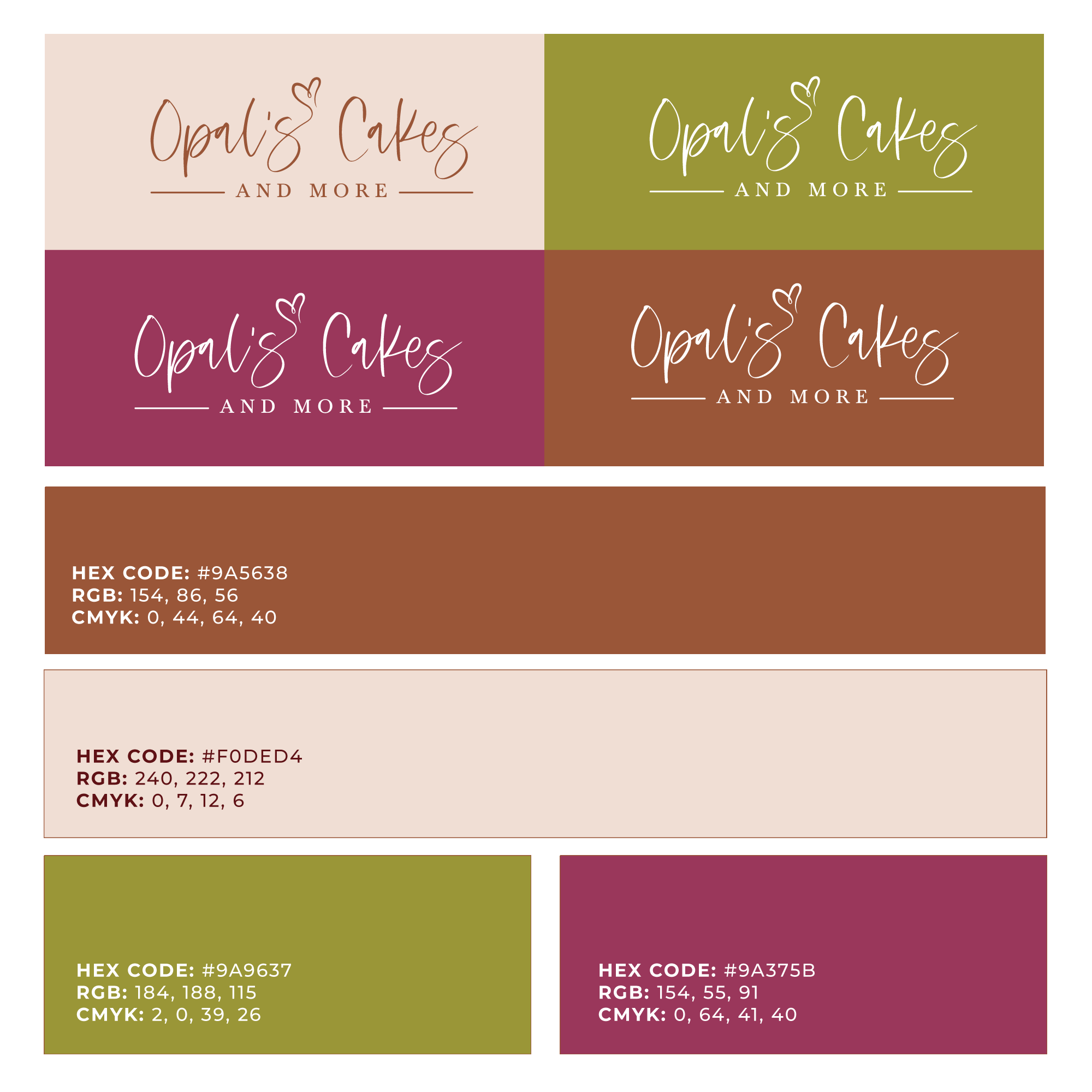 Opal's Cakes and More logo shown on 4 background colors above the brands color palette.