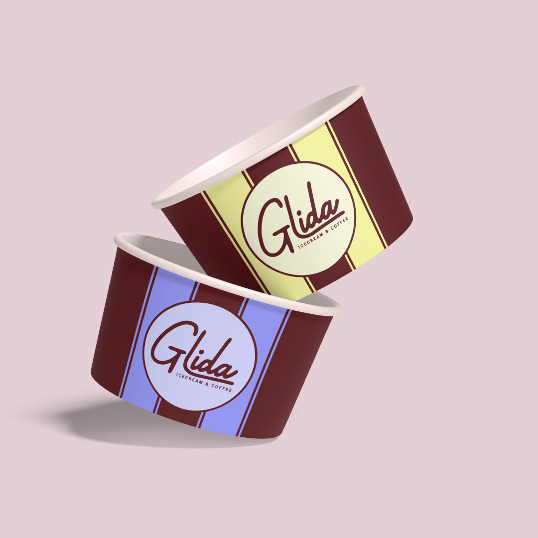 Mockup of a purple ice cream cup and a yellow ice cream cup, each with the Glida's logo on it.