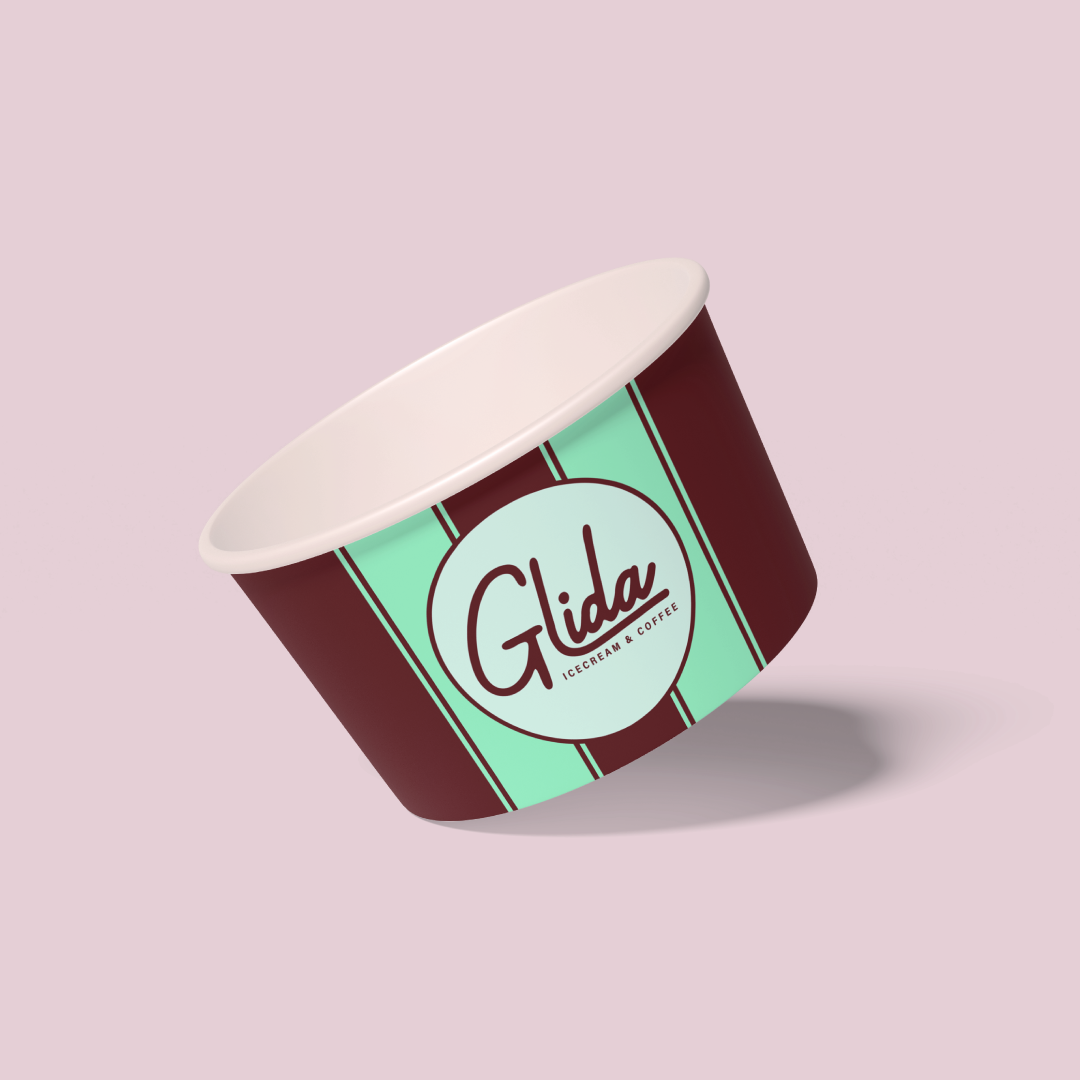 Mockup of a mint ice cream cup with the Glida's logo on it.