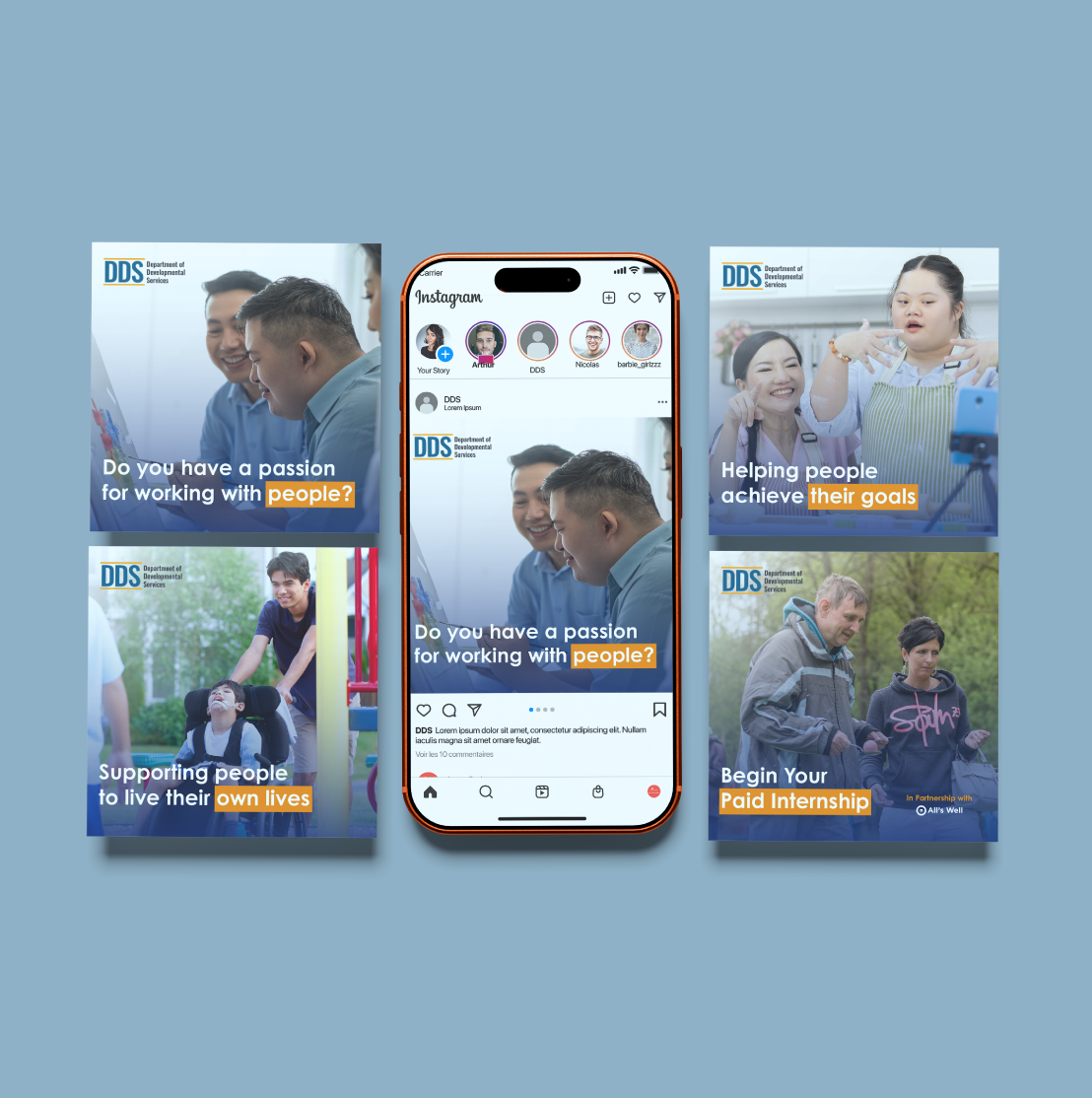 DDS paid internship campaign graphics arranged around an Instagram phone mockup
