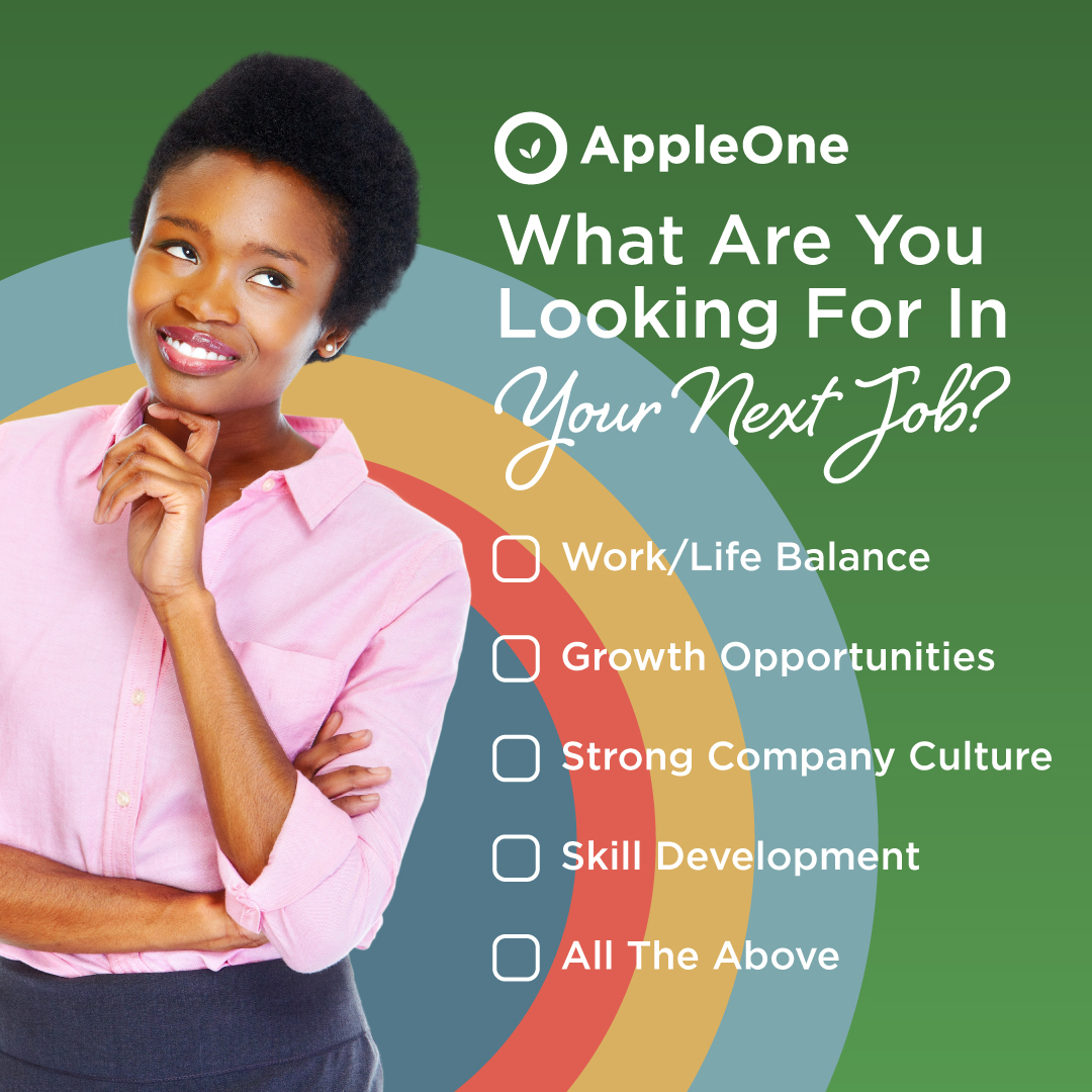 A woman smiling with a finger on her chin. The text reads "What are you looking for in your next job?" There are checkboxes below.