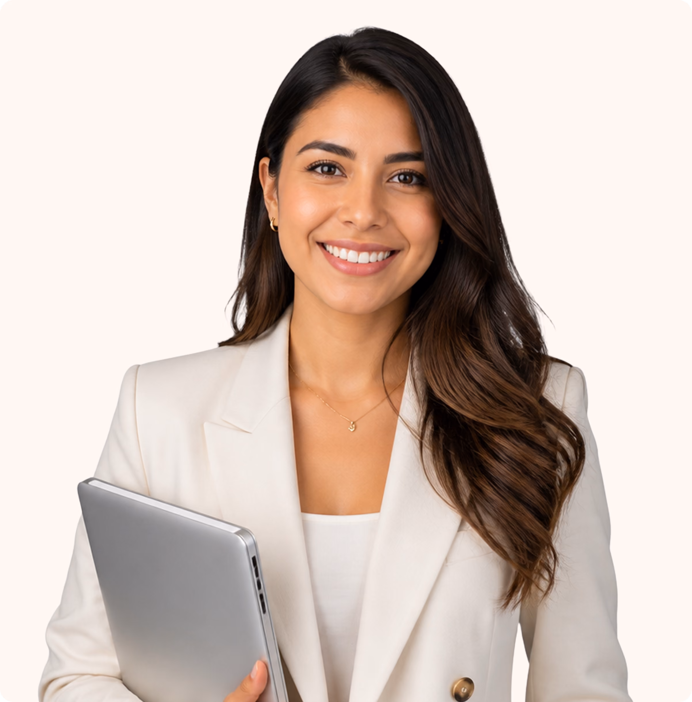 Smiling woman in white blazer holding a silver laptop against a plain background.