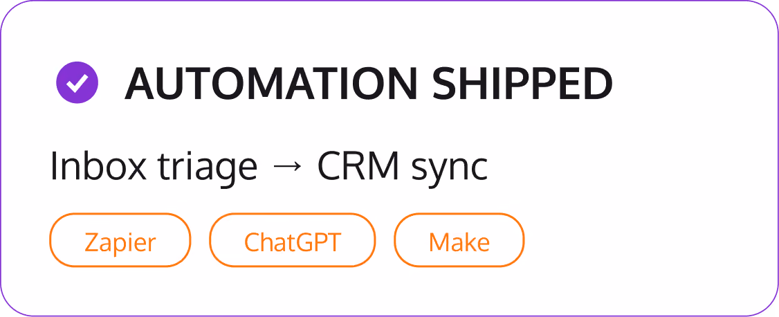 Automation shipped: Inbox triage to CRM sync using Zapier, ChatGPT, and Make.