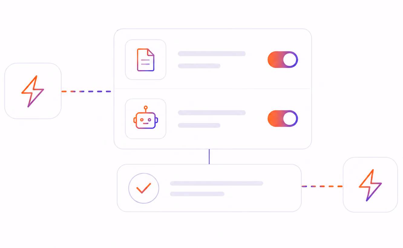 Diagram showing toggled icons of a document and a robot connected by lines with lightning bolt symbols.