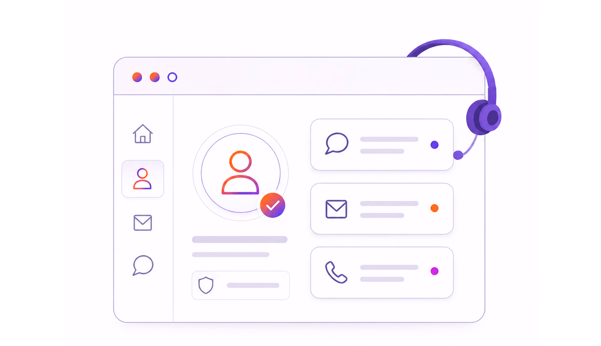 User profile interface with icons for chat, email, and phone, with a purple headset on the top right.