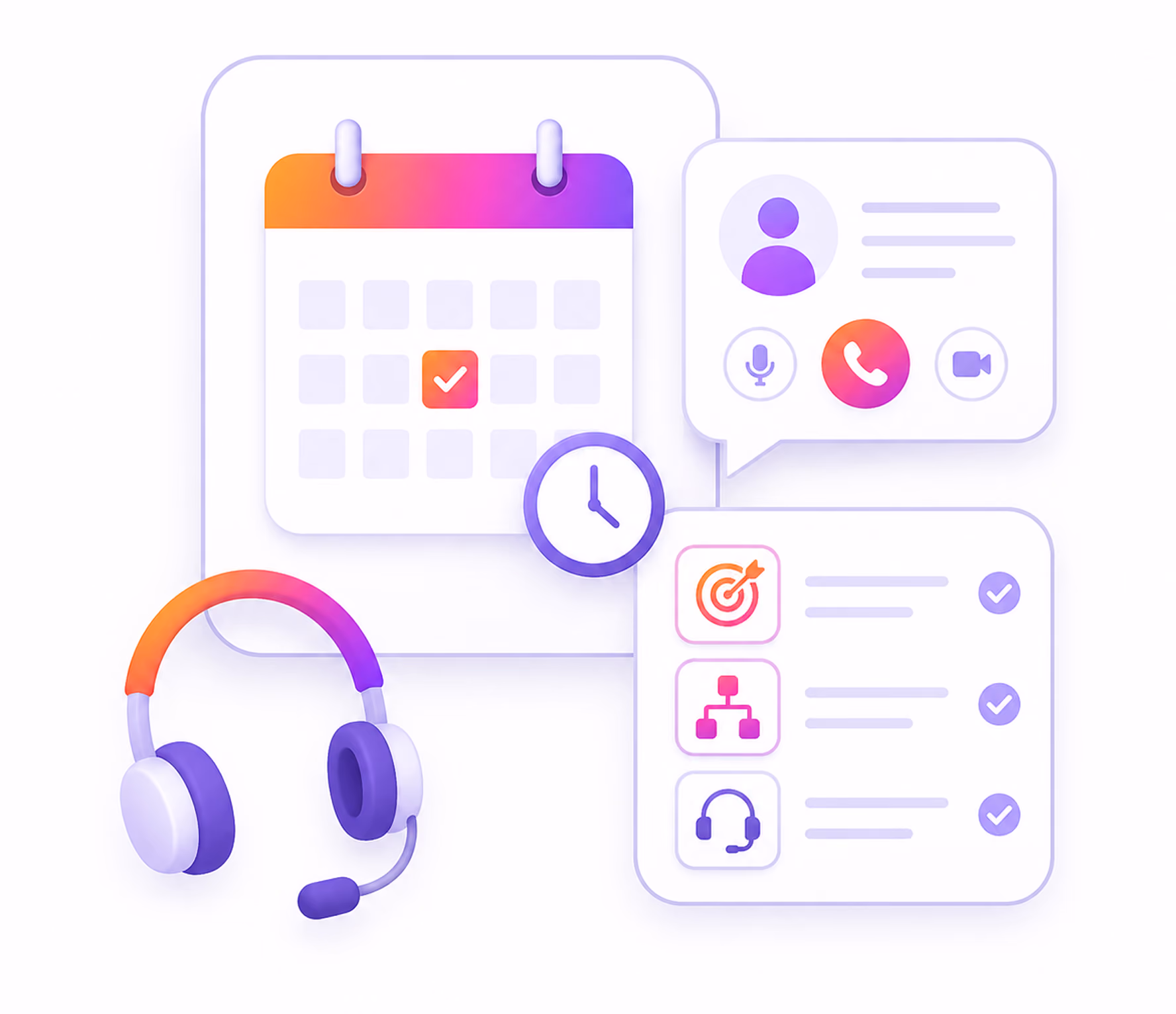 Headset and calendar with appointment checkmark, clock, contact options, and checklist icons.