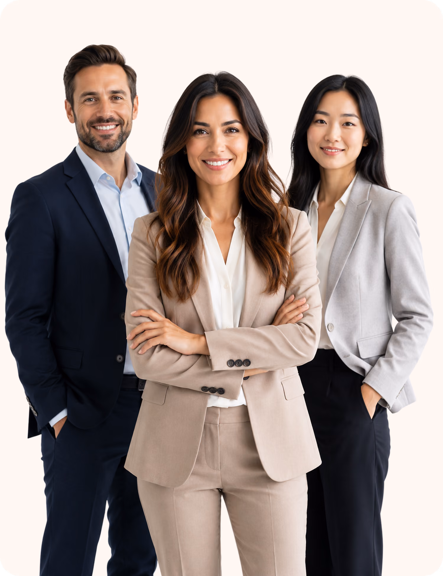 Three professional businesspeople in suits standing confidently, two women and one man, smiling.