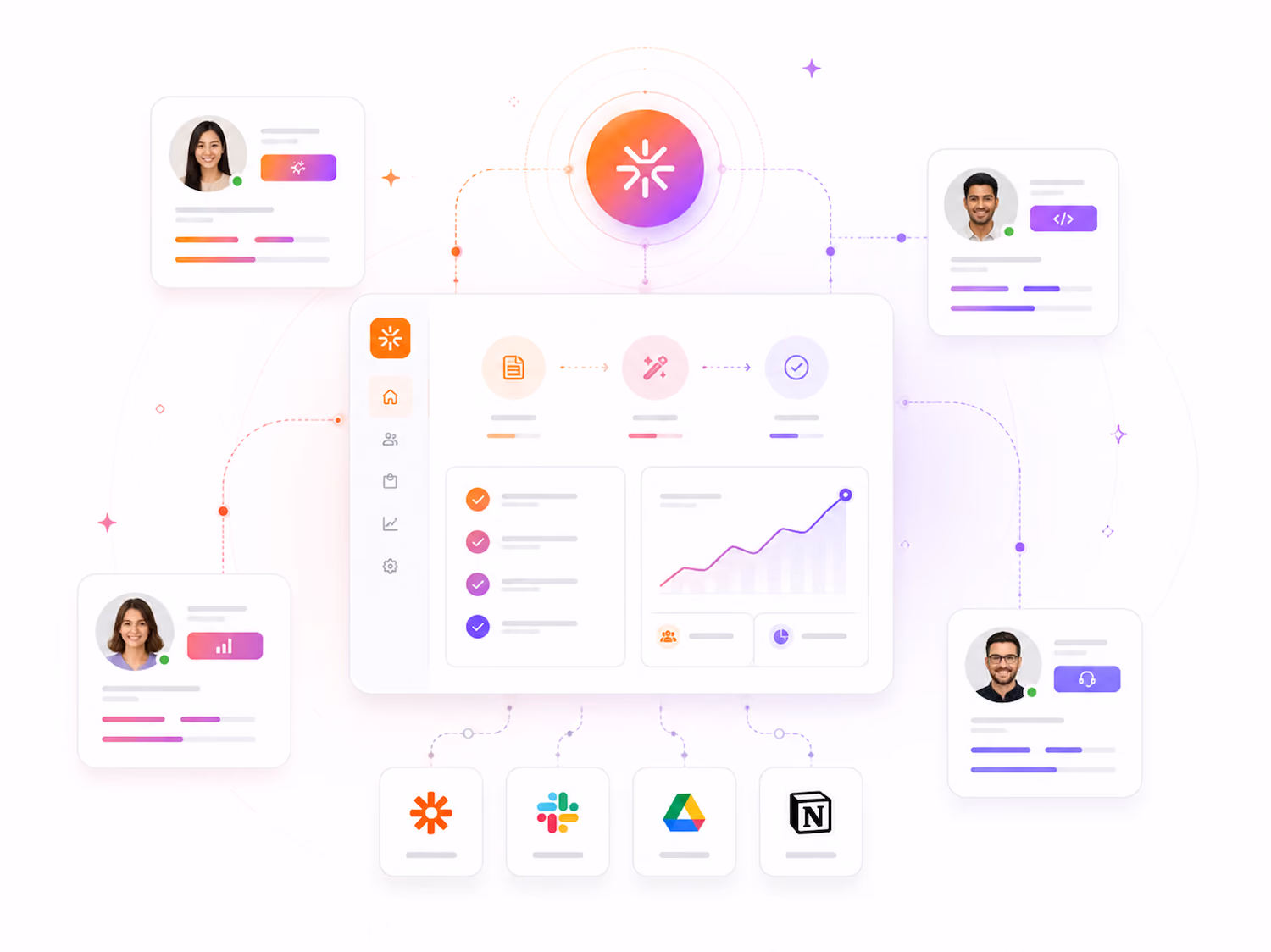 Dashboard interface connected to four user profiles and four app icons for teamwork and data sharing.
