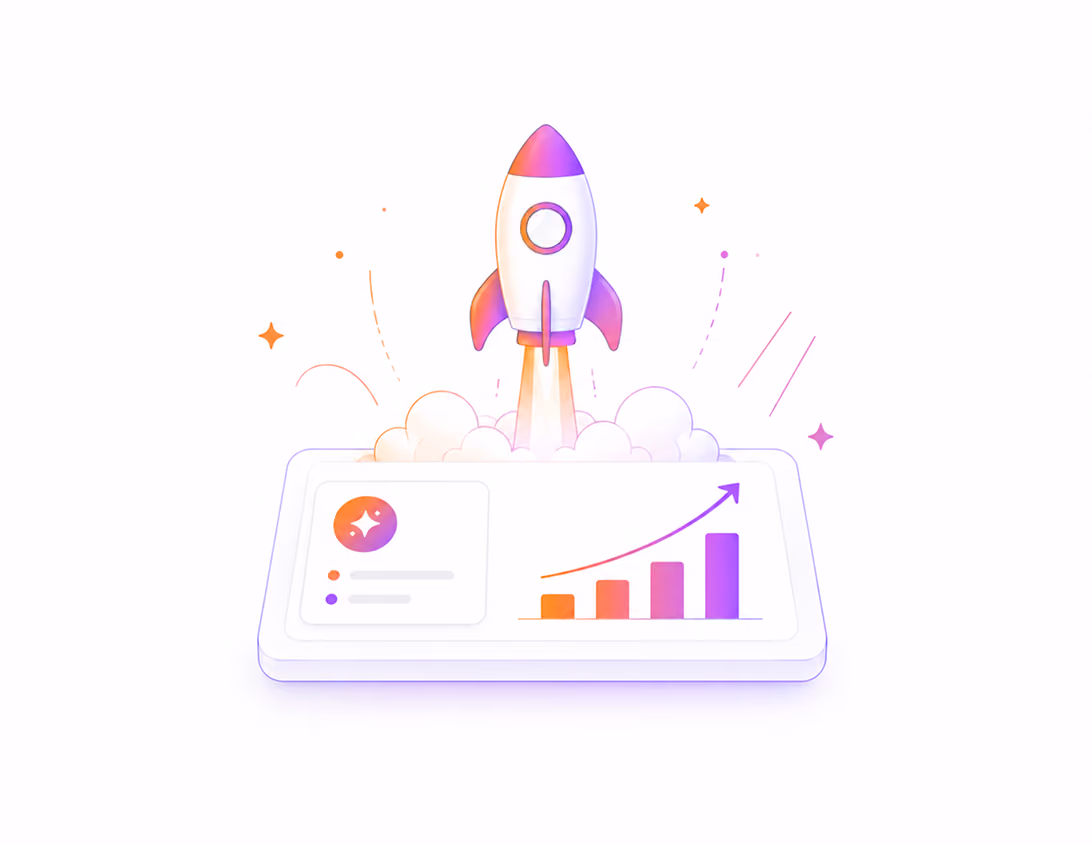 Rocket launching from a tablet screen showing a rising bar graph with orange and purple bars.