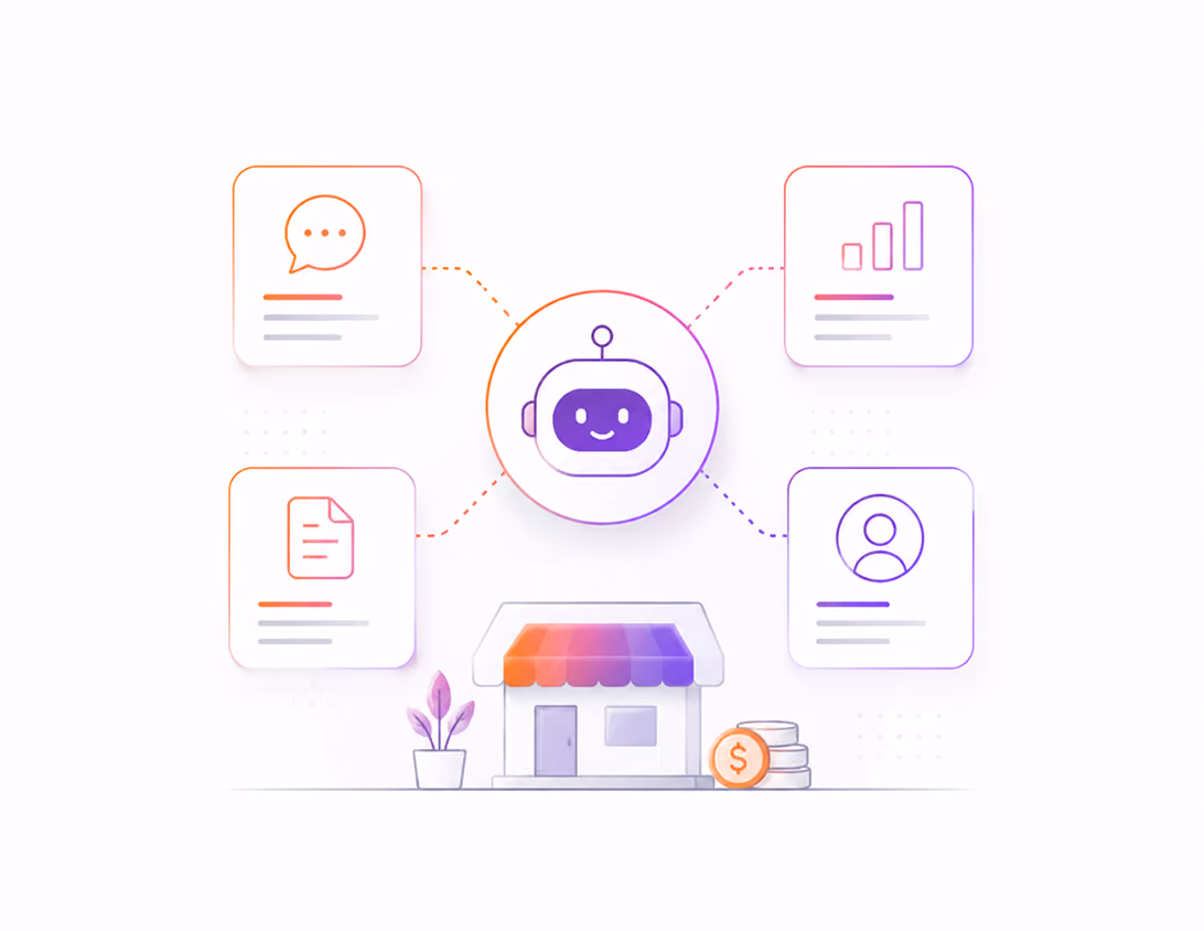 Illustration of a chatbot connecting to business icons above a small shop with a dollar sign and plant.