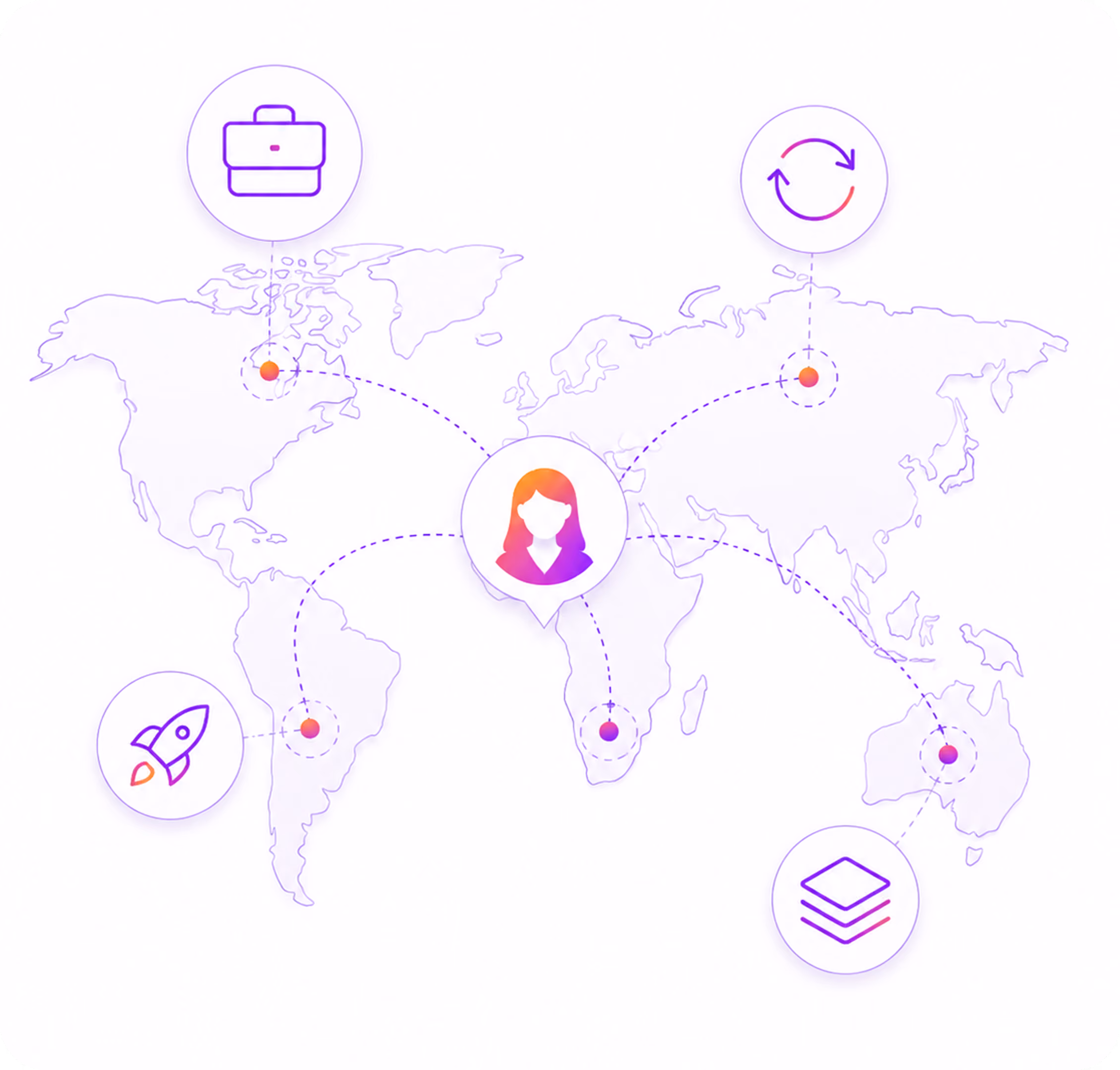 World map with connected dots and icons of briefcase, refresh arrows, rocket, and stacked layers.