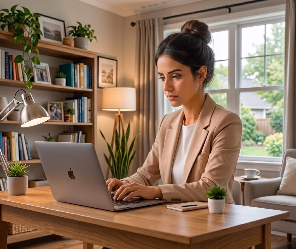 Woman in blazer working on a laptop at a wooden desk in a cozy home office with plants and books.