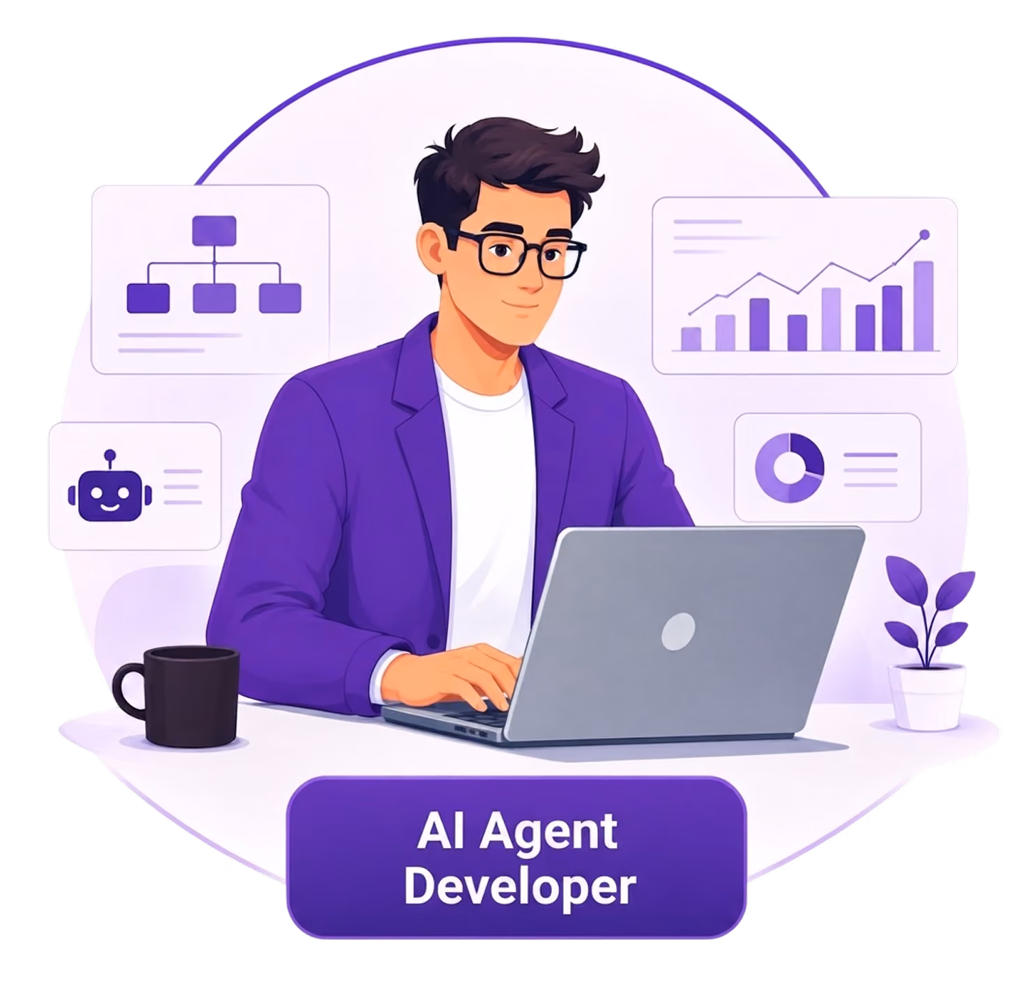 Illustration of an AI Agent Developer working at a laptop, surrounded by system, chart, and workflow icons