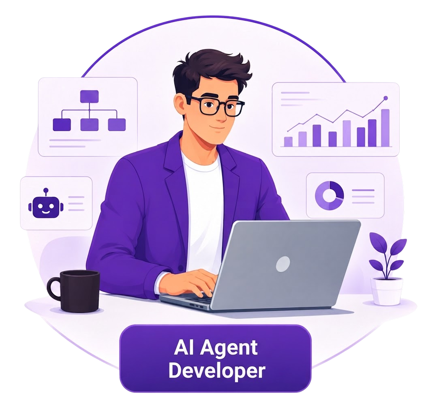 Illustration of an AI Agent Developer working at a laptop, surrounded by system, chart, and workflow icons