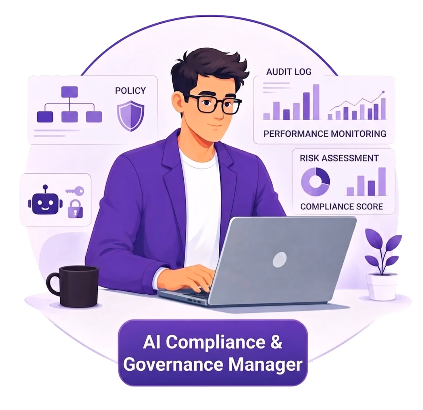 Illustration of an AI Agent Developer working at a laptop, surrounded by system, chart, and workflow icons