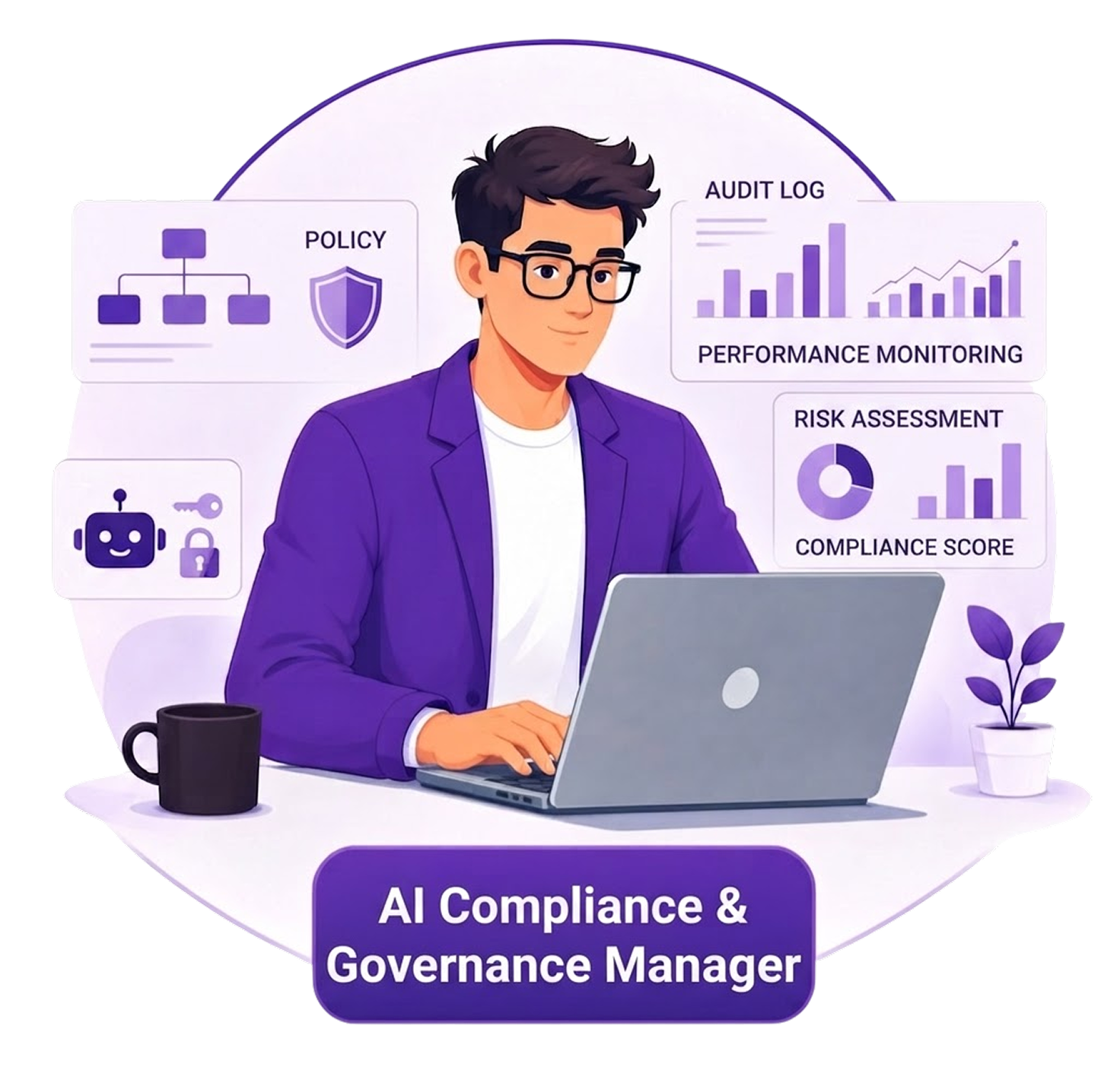 Illustration of an AI Agent Developer working at a laptop, surrounded by system, chart, and workflow icons