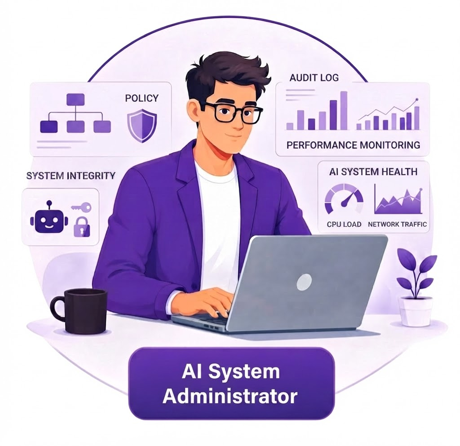 Illustration of an AI Agent Developer working at a laptop, surrounded by system, chart, and workflow icons