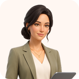 Professional woman with dark hair in a low bun, wearing a beige blazer and white top, holding a tablet.
