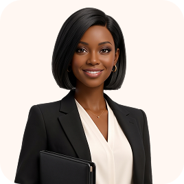 Smiling professional Black woman with straight black hair wearing a black blazer and white blouse, holding a black folder.