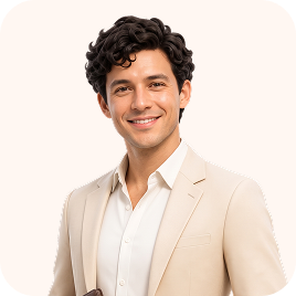 A young man with curly dark hair wearing a beige suit jacket and white shirt smiling against a light background.