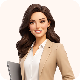 Illustration of a professional woman with long brown hair wearing a beige blazer and white shirt, holding a laptop and smiling.