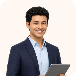 Smiling young man with curly hair wearing a dark suit jacket and light blue shirt holding a tablet against a light background.