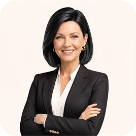 Confident professional woman with black hair in a black blazer and white blouse smiling with arms crossed on a light background.