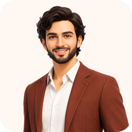 Smiling young man with dark curly hair and beard wearing a white shirt and brown blazer against a light background.