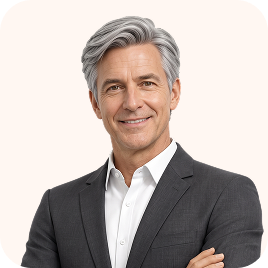 Smiling mature man with gray hair wearing a dark suit jacket and white shirt, standing with arms crossed on a light background.