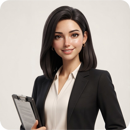 Smiling young woman with shoulder-length dark hair wearing a black blazer and cream blouse, holding a clipboard with documents.