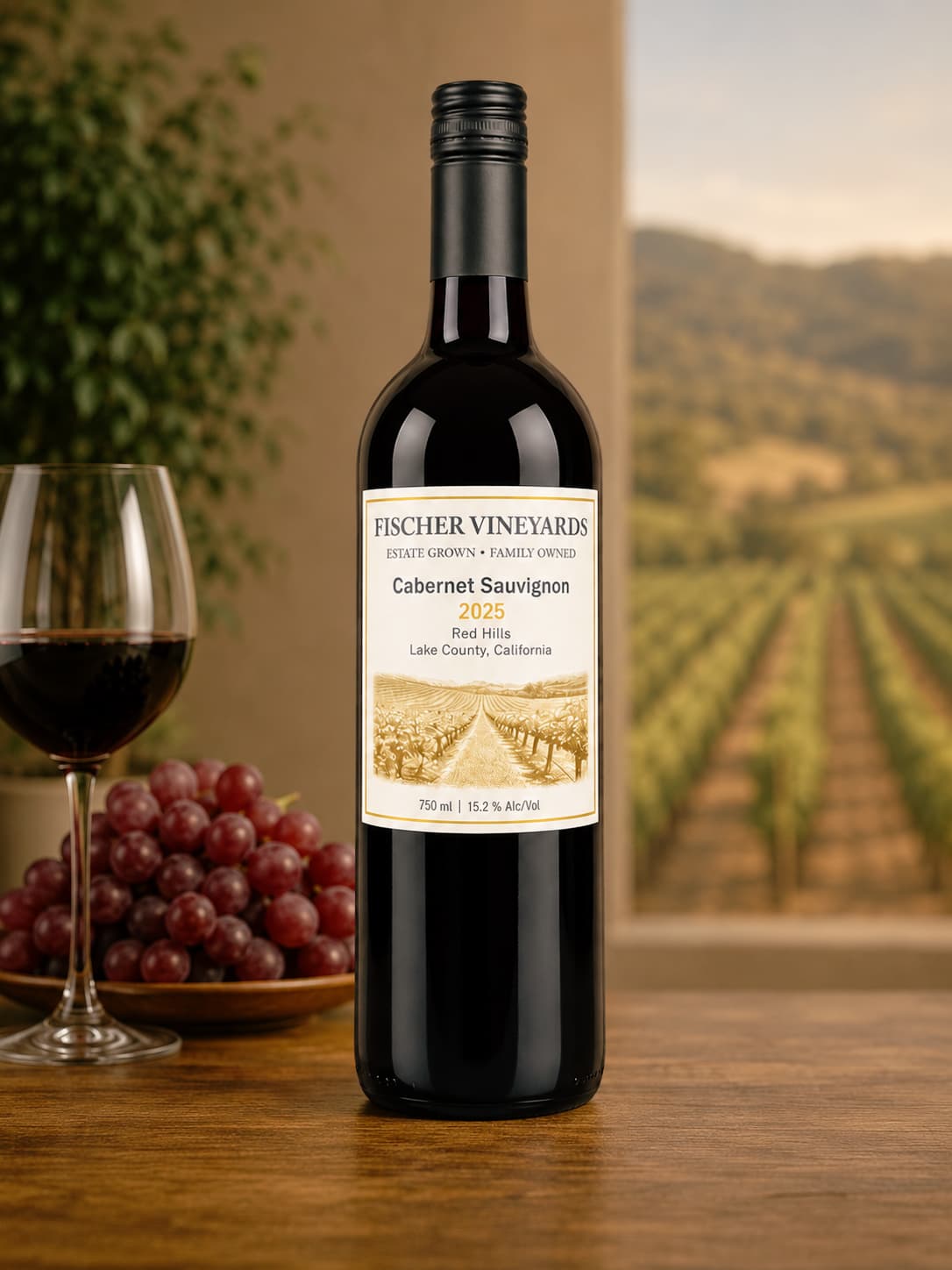 A bottle of 2025 vintage Fischer Vineyards Cabernet sauvignon