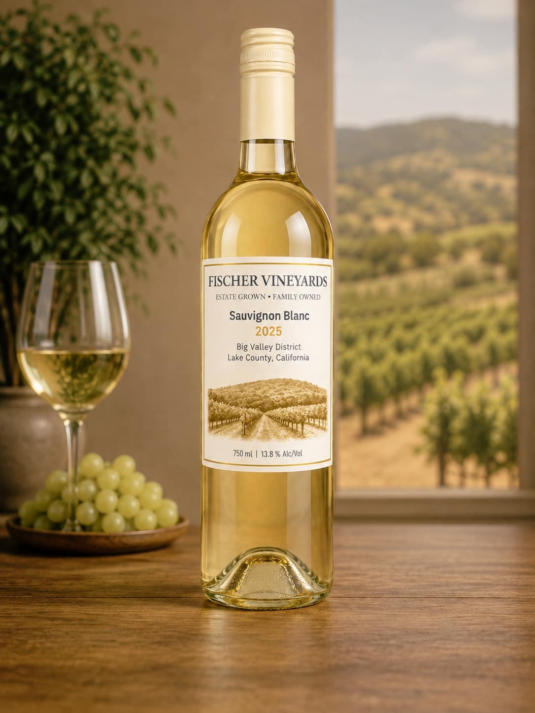 A bottle of Fischer Vineyards 2025 vintage sauvignon blanc