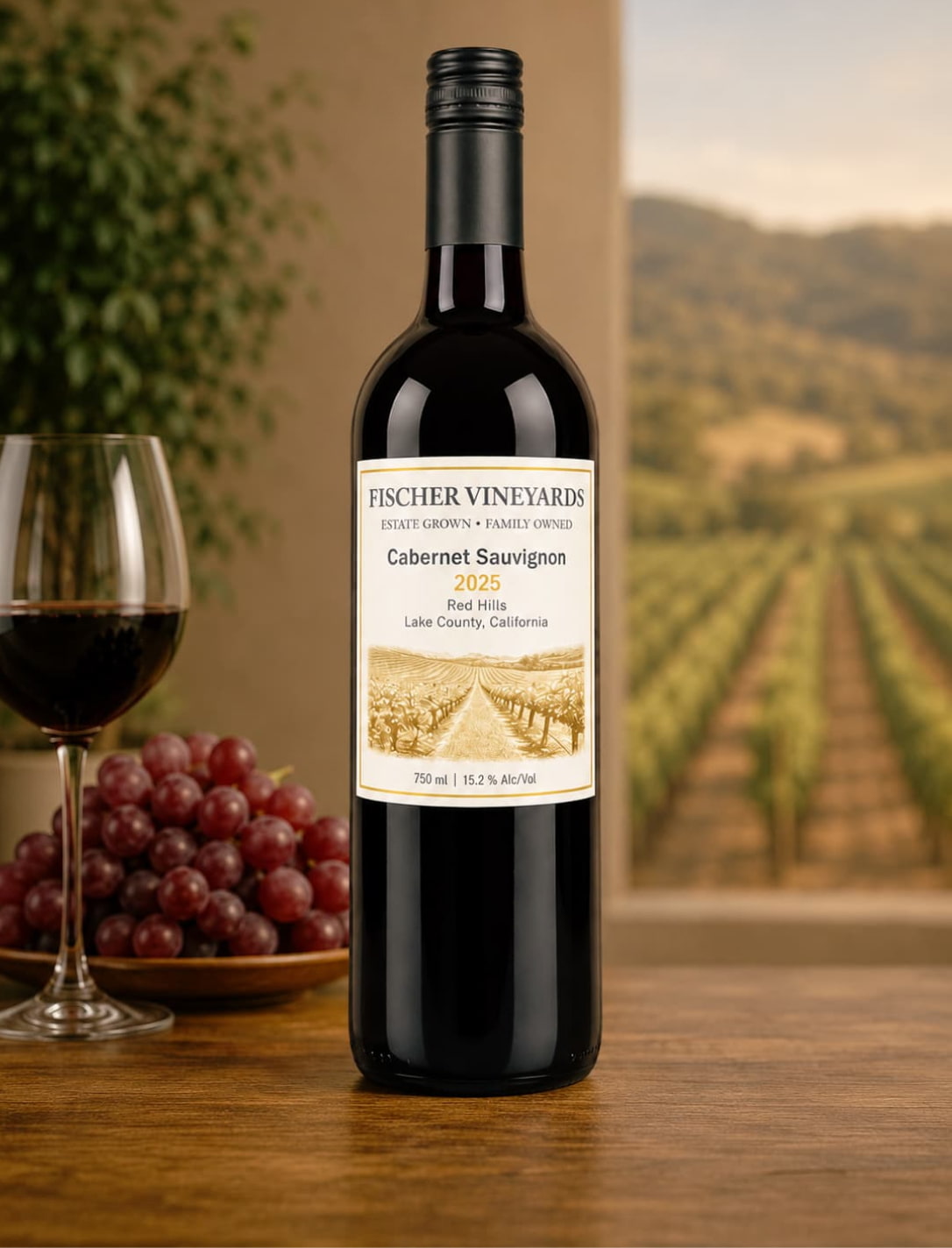 A bottle of Fischer Vineyards 2025 vintage Cabernet Sauvignon