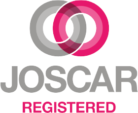 Two overlapping circles above the text 'JOSCAR REGISTERED' in gray and pink.