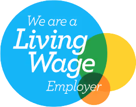 Blue circle with text We are a Living Wage Employer and overlapping yellow and orange circles.
