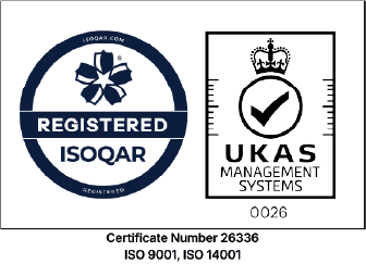 ISOQAR Registered and UKAS Management Systems 0026 certification logos with certificate number 26336.