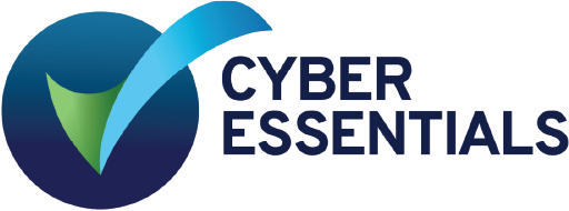 Cyber Essentials logo with blue circle and checkmark next to text.