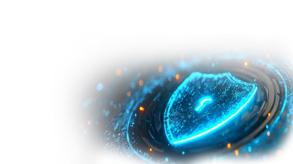 Glowing blue digital shield with a keyhole surrounded by circuitry and floating orange lights.