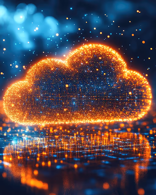 Glowing digital cloud made of orange and blue particles floating above a reflective surface.