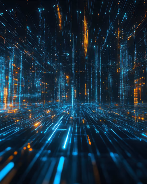 Blue and orange glowing lines creating a digital grid and tunnel effect in a dark space.