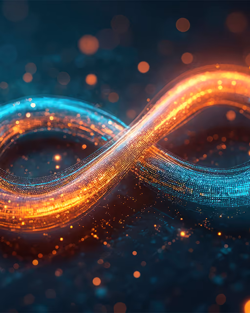 Glowing orange and blue infinity symbol with digital particles against dark background.
