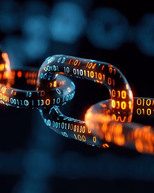 Close-up of a digital chain link with glowing binary code in blue and orange on a dark background.